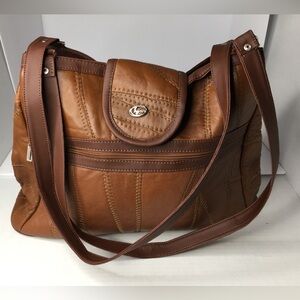 Faux Leather Purse Med Sz 2 Compartments Zip Closure Double Handle Shoulder Bag